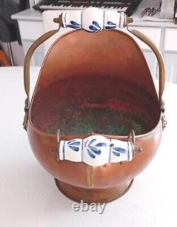 Old Copper Coal or Ember Bucket - 2 Porcelain Lion Head Handles