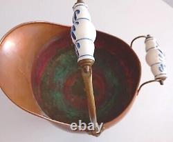 Old Copper Coal or Ember Bucket - 2 Porcelain Lion Head Handles