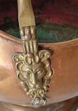 Old Copper Coal or Ember Bucket - 2 Porcelain Lion Head Handles