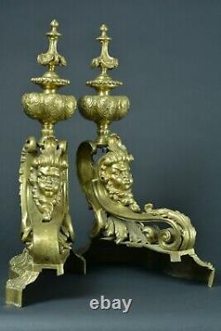 Old Pair Of Golden Bronze Chenets Putti Joufflu Louis XIV Fireplace Decor