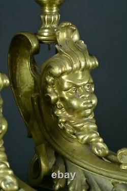 Old Pair Of Golden Bronze Chenets Putti Joufflu Louis XIV Fireplace Decor
