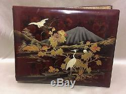 Old Photo Album Indochinois Red Lacquer, Silk Birds Boats. Empty