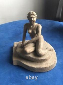 Old Sculputure Wood Nude Woman, Popular Art, Signed