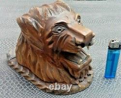 Old Wood Carved Wooden Lion Cigarette Box Black Drill