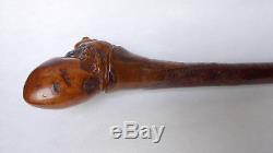 Old Wooden Cane Work Of Popular Art Head Grotesque 19th