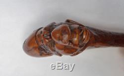 Old Wooden Cane Work Of Popular Art Head Grotesque 19th