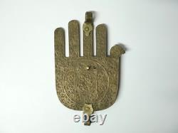 Old large Judaica Khamsa in gilded brass, Morocco, authentic ethnic, 19th century