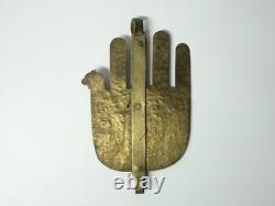 Old large Judaica Khamsa in gilded brass, Morocco, authentic ethnic, 19th century