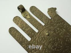 Old large Judaica Khamsa in gilded brass, Morocco, authentic ethnic, 19th century