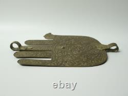 Old large Judaica Khamsa in gilded brass, Morocco, authentic ethnic, 19th century