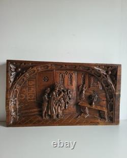 Old oak bas-relief, carved wooden panel, 19th century
