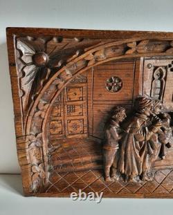 Old oak bas-relief, carved wooden panel, 19th century