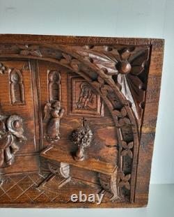 Old oak bas-relief, carved wooden panel, 19th century