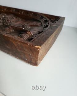 Old oak bas-relief, carved wooden panel, 19th century