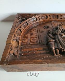 Old oak bas-relief, carved wooden panel, 19th century