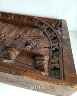 Old oak bas-relief, carved wooden panel, 19th century