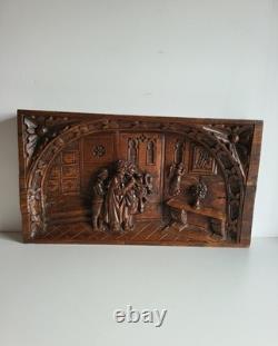Old oak bas-relief, carved wooden panel, 19th century