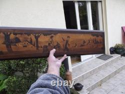 Old pyrography panel with Basque scene decoration, signed Chym, Ciboure folk art