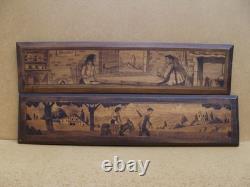 Old pyrography panel with Basque scene decoration, signed Chym, Ciboure folk art