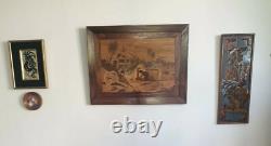 Old wooden marquetry painting of an Indian village, exotic beach, animals