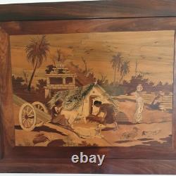 Old wooden marquetry painting of an Indian village, exotic beach, animals