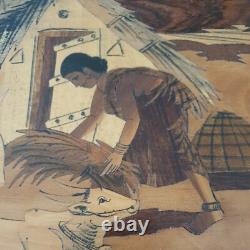 Old wooden marquetry painting of an Indian village, exotic beach, animals