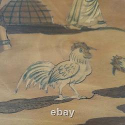 Old wooden marquetry painting of an Indian village, exotic beach, animals