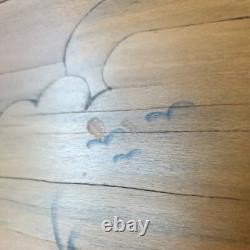 Old wooden marquetry painting of an Indian village, exotic beach, animals