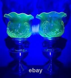 Ouraline Pair of Art Deco Copper Oil Lamps with Uranium Vaseline Glass