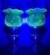 Ouraline Pair Of Art Deco Copper Oil Lamps With Uranium Vaseline Glass