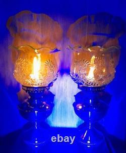 Ouraline Pair of Art Deco Copper Oil Lamps with Uranium Vaseline Glass