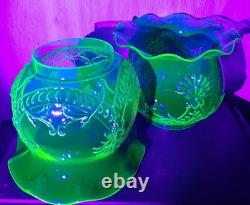 Ouraline Pair of Art Deco Copper Oil Lamps with Uranium Vaseline Glass
