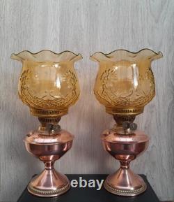 Ouraline Pair of Art Deco Copper Oil Lamps with Uranium Vaseline Glass