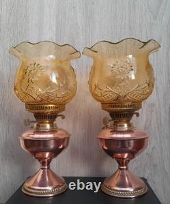 Ouraline Pair of Art Deco Copper Oil Lamps with Uranium Vaseline Glass