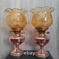 Ouraline Pair of Art Deco Copper Oil Lamps with Uranium Vaseline Glass