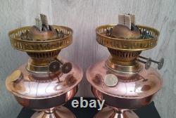 Ouraline Pair of Art Deco Copper Oil Lamps with Uranium Vaseline Glass