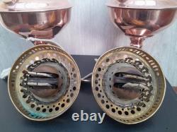 Ouraline Pair of Art Deco Copper Oil Lamps with Uranium Vaseline Glass