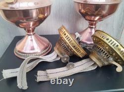 Ouraline Pair of Art Deco Copper Oil Lamps with Uranium Vaseline Glass