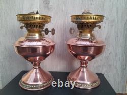 Ouraline Pair of Art Deco Copper Oil Lamps with Uranium Vaseline Glass