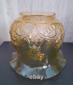 Ouraline Pair of Art Deco Copper Oil Lamps with Uranium Vaseline Glass