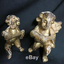 Pair Angels Wood Sculpted Gold 18th Statue Angel Angelo Putti Angel Sculpture