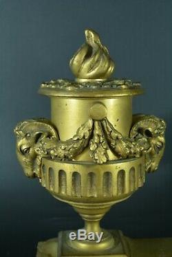 Pair Of Andirons Louis XVI Rams Head Pot Laurel Fire Gilt Old