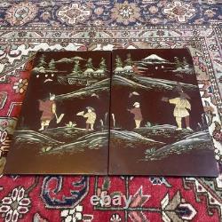 Pair of Lacquered and Decorated Panels Japan Mount FUJI Meiji Period Very Rare