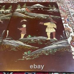 Pair of Lacquered and Decorated Panels Japan Mount FUJI Meiji Period Very Rare