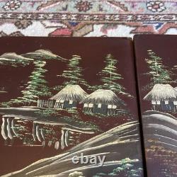 Pair of Lacquered and Decorated Panels Japan Mount FUJI Meiji Period Very Rare