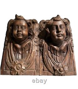 Pair of antique oak bas-reliefs, carved wooden panel, late 18th century putti