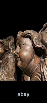 Pair of antique oak bas-reliefs, carved wooden panel, late 18th century putti