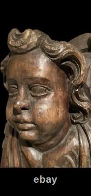 Pair of antique oak bas-reliefs, carved wooden panel, late 18th century putti