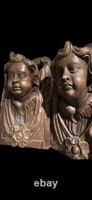 Pair of antique oak bas-reliefs, carved wooden panel, late 18th century putti