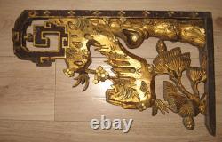 Pair of gilded carved wood panels CHINA floral motifs, trunk, and rocks 19th century
